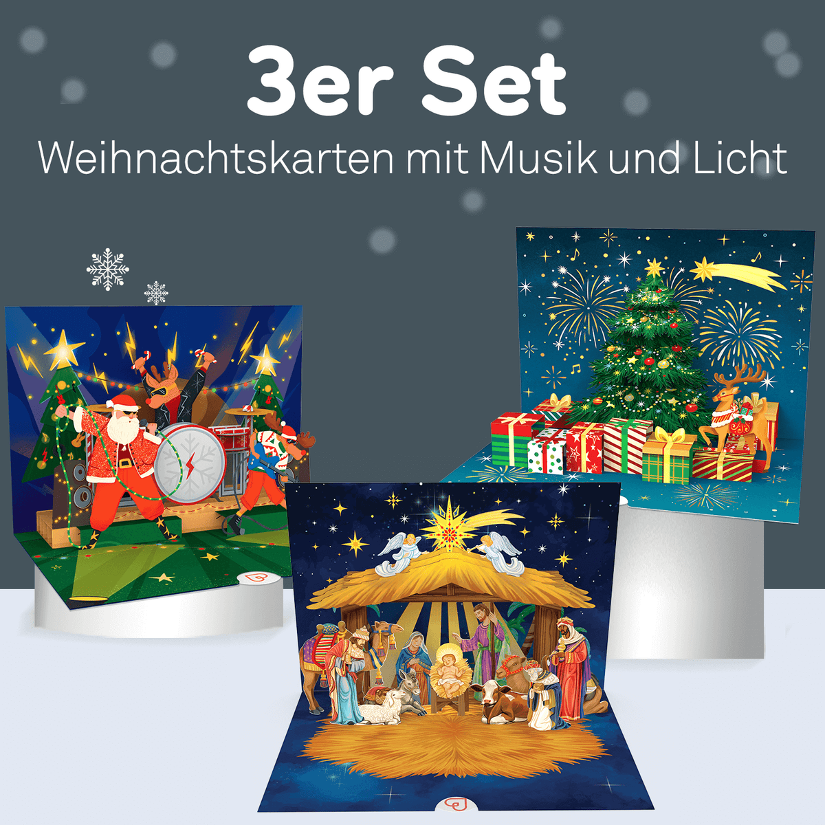 Set of 3 Pop-Up Christmas Cards with Music & Light