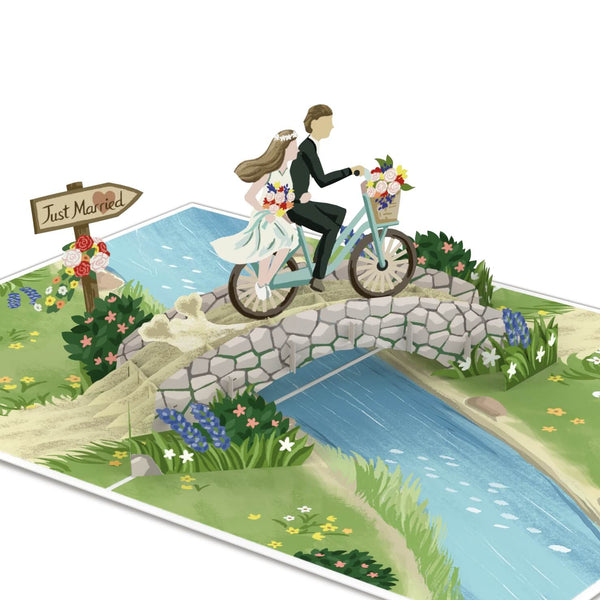 Newlyweds on bicycle Pop-Up Card