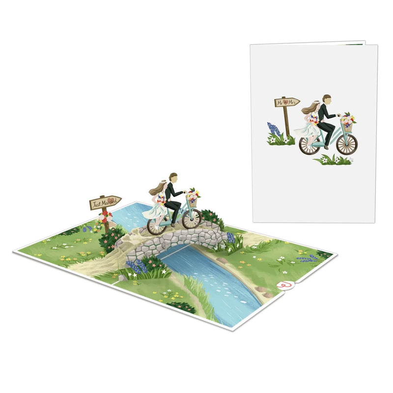 Newlyweds on bicycle Pop-Up Card